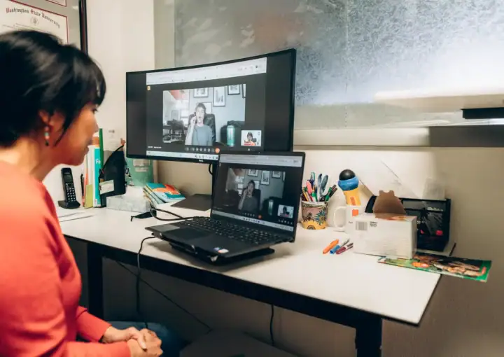 Remote speech therapy session with a therapist via computer for speech therapy solutions Montana.